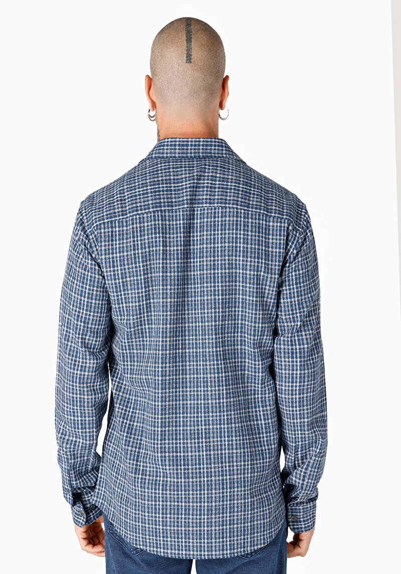 Slim Fit Shirt Neck Kareli Erkek Mavi Uzun Kol Gömlek