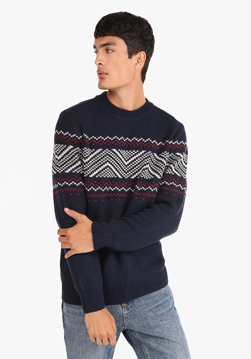 Regular Fit Yuvarlak Yaka Jakarlı Erkek Lacivert Kazak