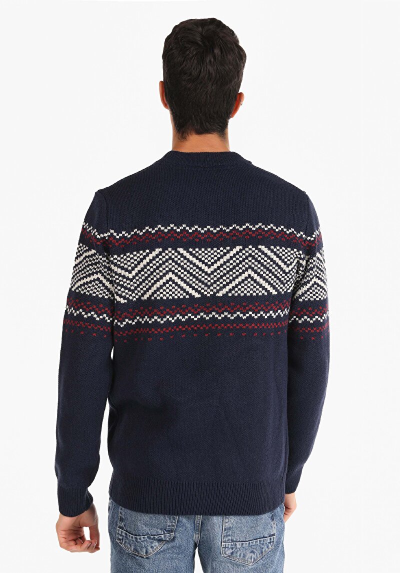 Regular Fit Yuvarlak Yaka Jakarlı Erkek Lacivert Kazak