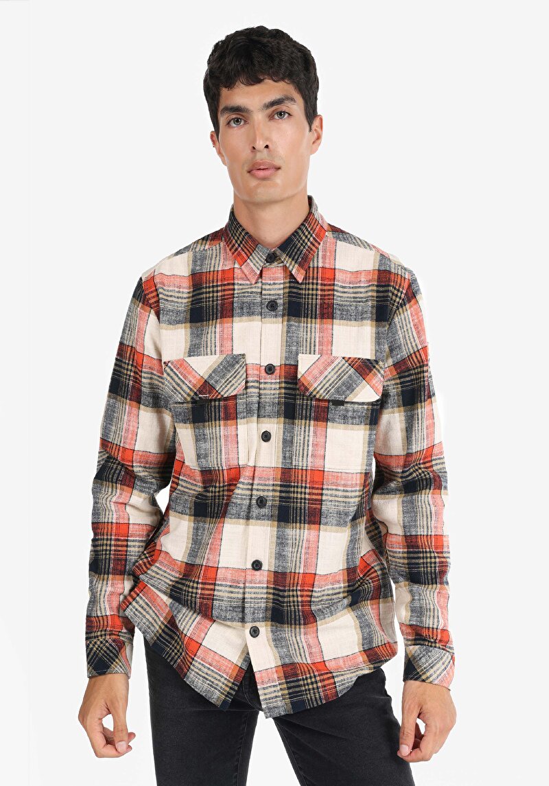 Regular Fit Shirt Neck Ekoseli Erkek Turuncu Uzun Kol Gömlek