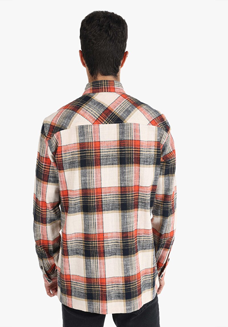 Regular Fit Shirt Neck Ekoseli Erkek Turuncu Uzun Kol Gömlek