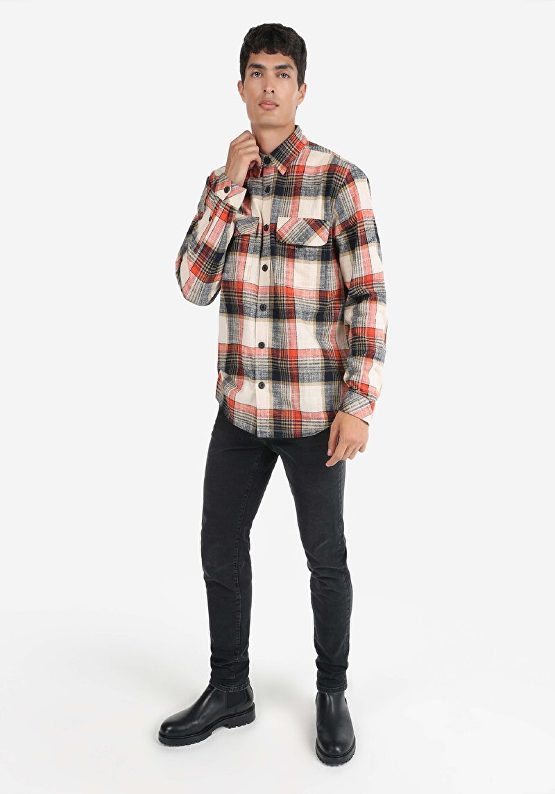 Regular Fit Shirt Neck Ekoseli Erkek Turuncu Uzun Kol Gömlek