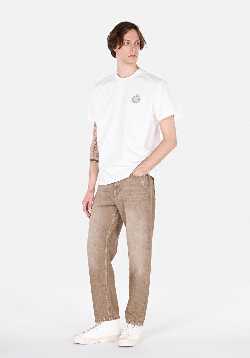 Baggy Fit Orta Bel Bol Paça Erkek Kahverengi Jean Pantolon