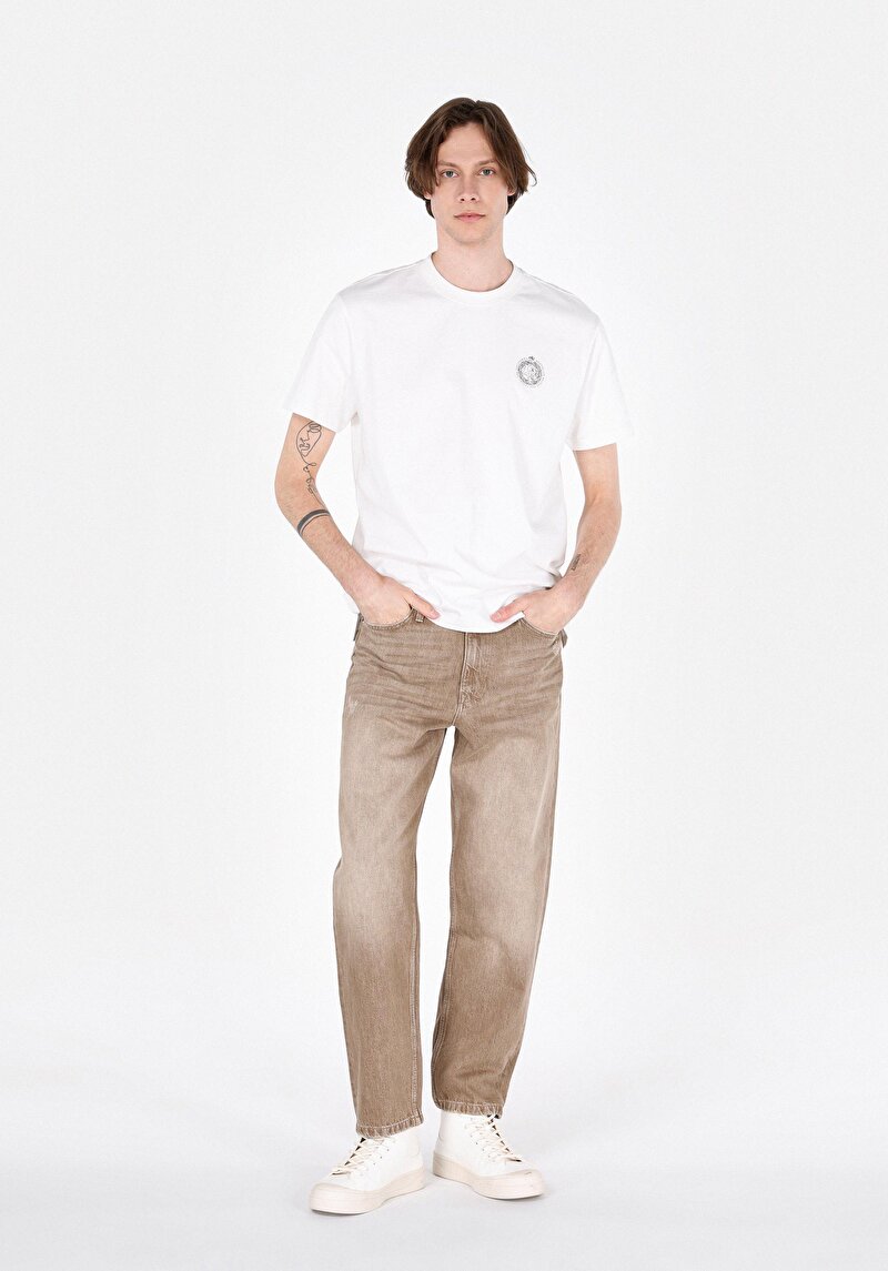 Baggy Fit Orta Bel Bol Paça Erkek Kahverengi Jean Pantolon