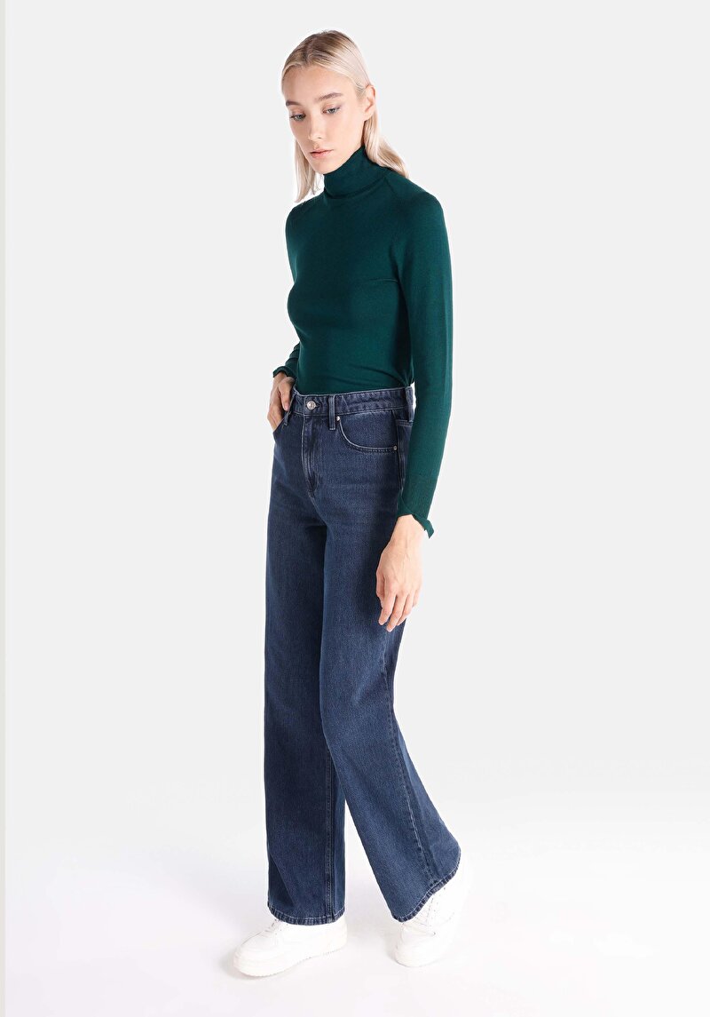 Regular Fit Yüksek Bel Geniş Paça Kadın Denim Jean Pantolon