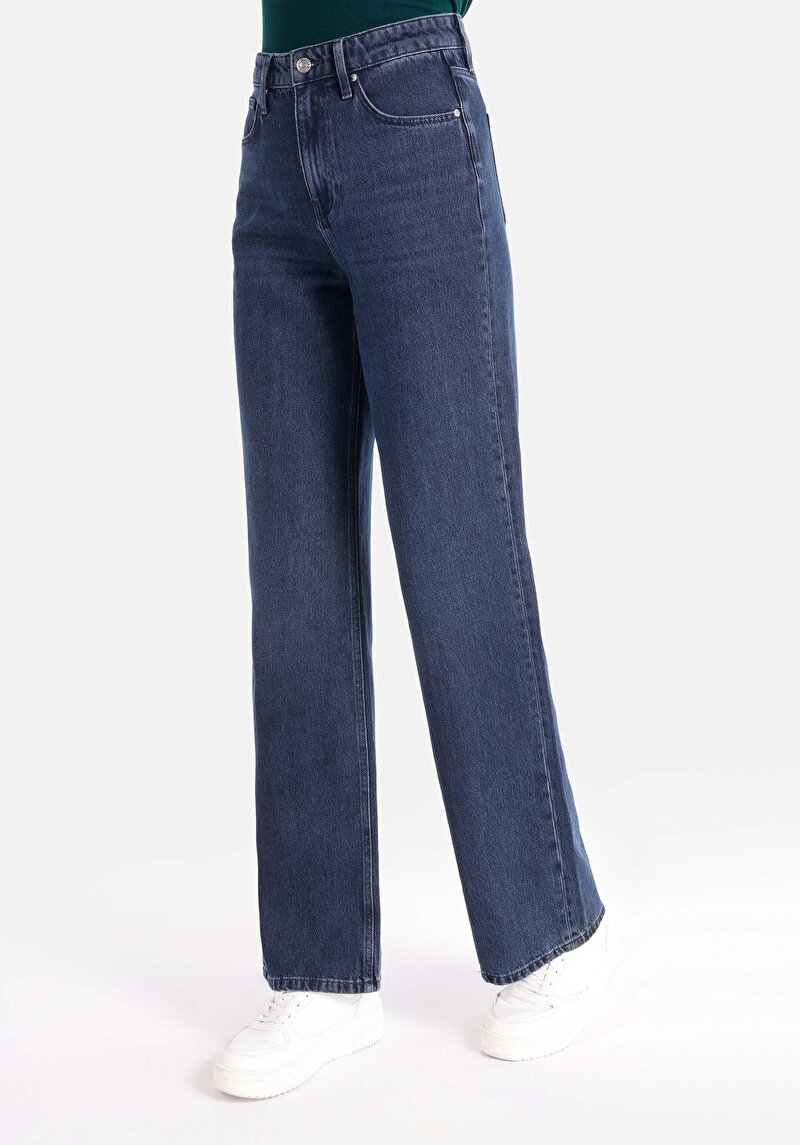 Regular Fit Yüksek Bel Geniş Paça Kadın Denim Jean Pantolon