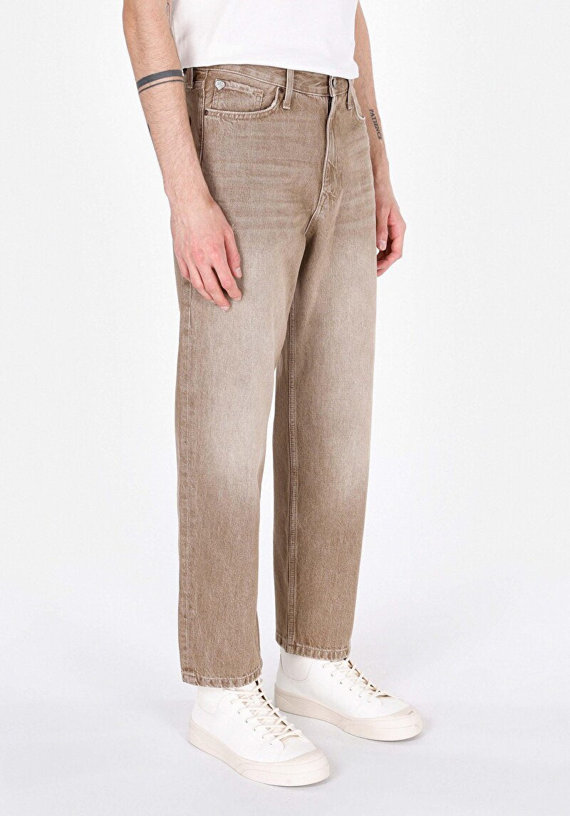 Baggy Fit Orta Bel Bol Paça Erkek Kahverengi Jean Pantolon