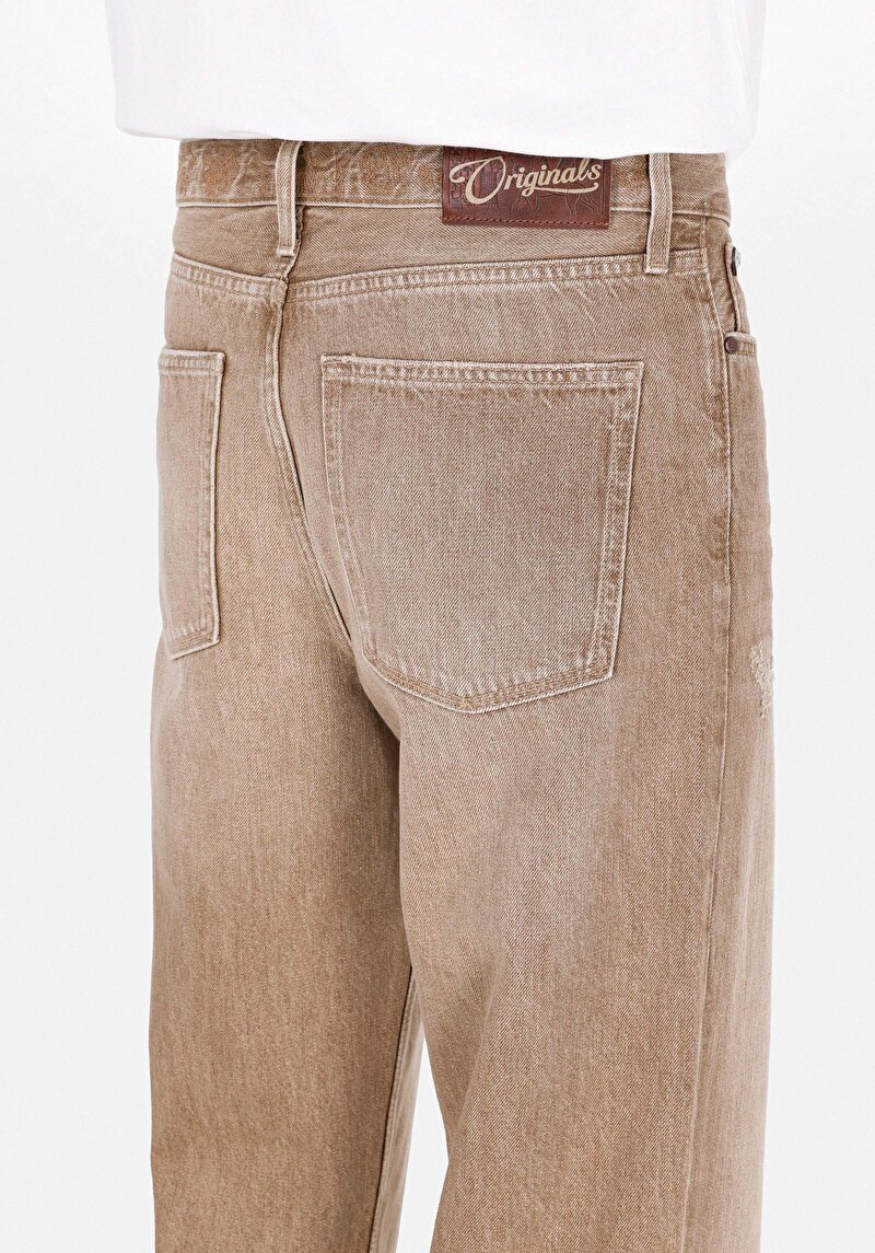 Baggy Fit Orta Bel Bol Paça Erkek Kahverengi Jean Pantolon