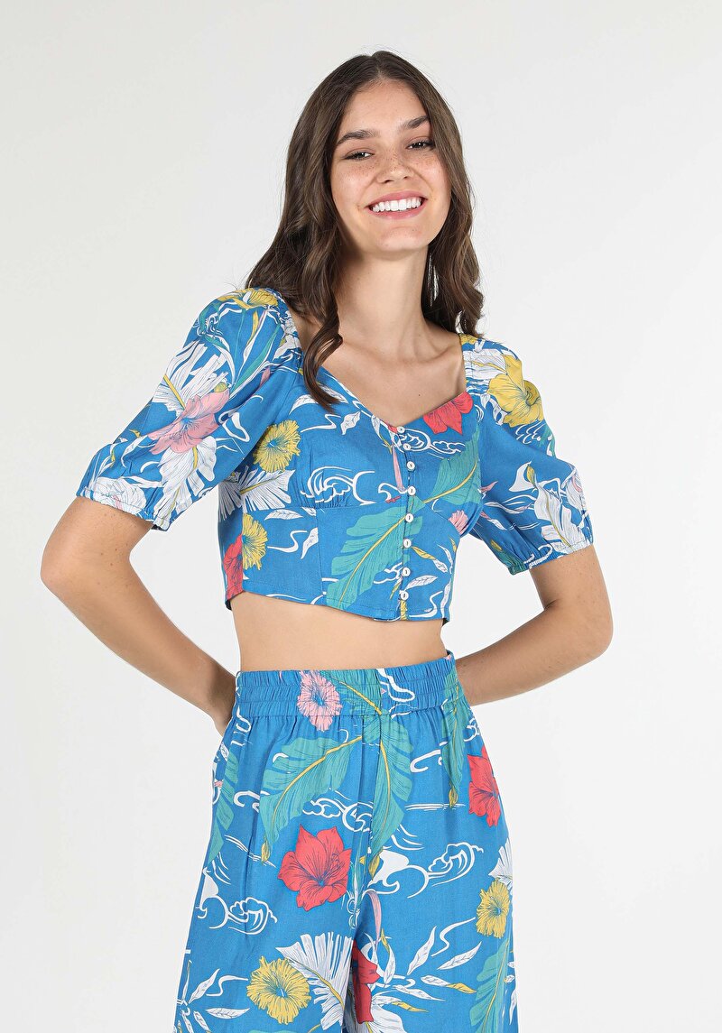 Slim Fit V Yaka Kadın Çok Renkli Karpuz Gömlek