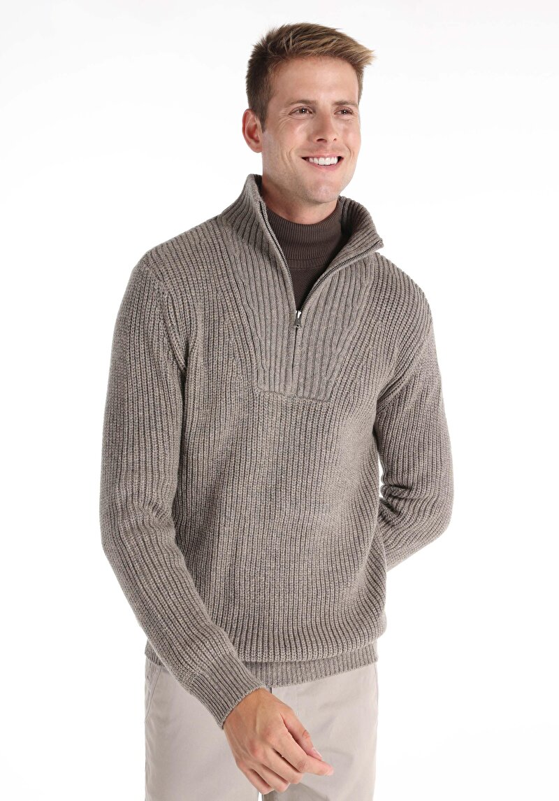 Slim Fit Turtle Neck Jakarlı Erkek Gri Kazak