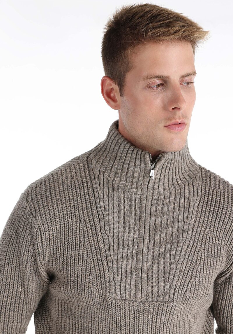 Slim Fit Turtle Neck Jakarlı Erkek Gri Kazak
