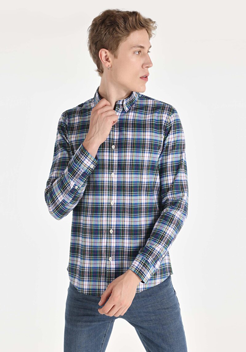 Slim Fit Shirt Neck Cepsiz Ekoseli Erkek Çok Renkli Uzun Kol Gömlek