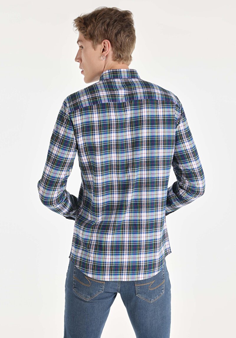 Slim Fit Shirt Neck Cepsiz Ekoseli Erkek Çok Renkli Uzun Kol Gömlek