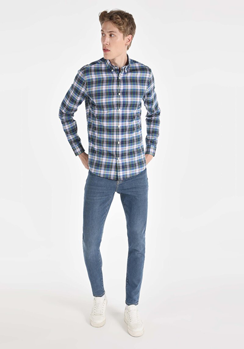 Slim Fit Shirt Neck Cepsiz Ekoseli Erkek Çok Renkli Uzun Kol Gömlek