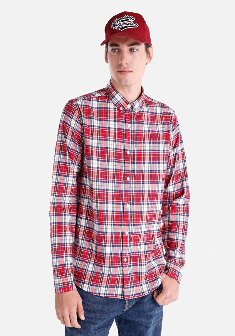 Slim Fit Shirt Neck Cepsiz Ekoseli Erkek Kirmizi Uzun Kol Gömlek