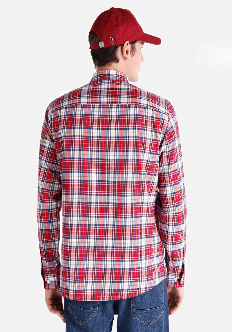 Slim Fit Shirt Neck Cepsiz Ekoseli Erkek Kirmizi Uzun Kol Gömlek