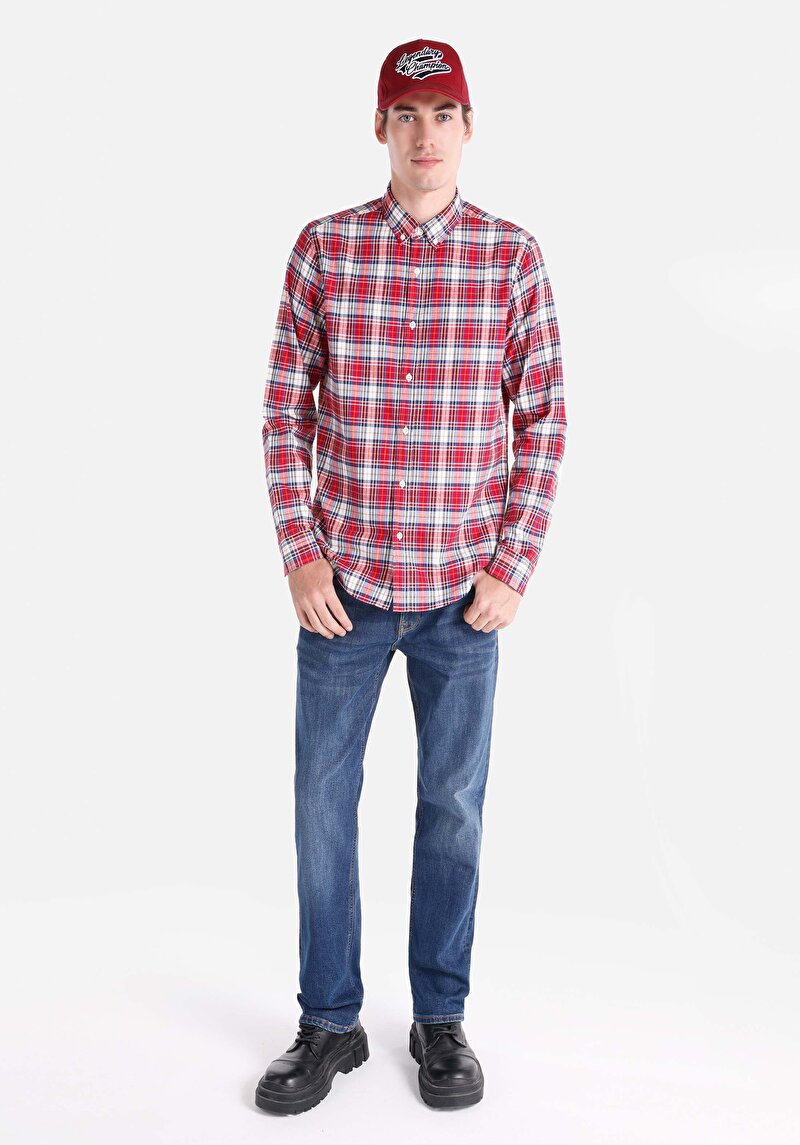 Slim Fit Shirt Neck Cepsiz Ekoseli Erkek Kirmizi Uzun Kol Gömlek