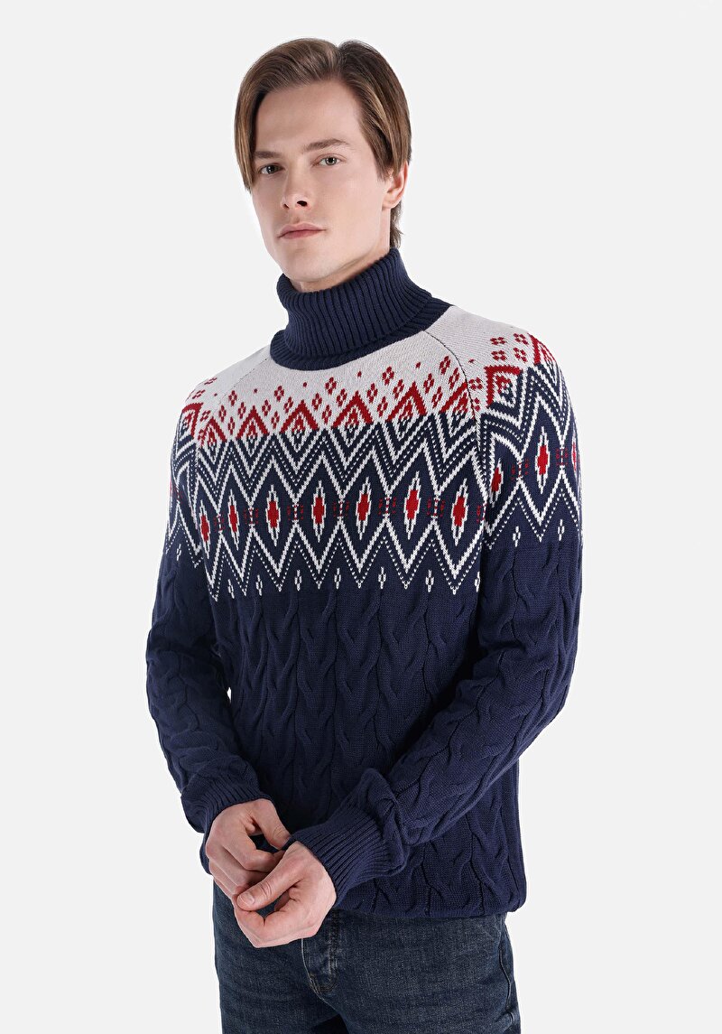 Regular Fit Turtle Neck Jakarlı Erkek Lacivert Kazak