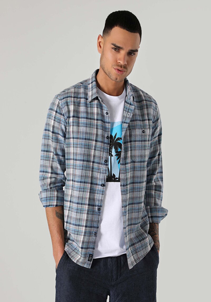 Slim Fit Shirt Neck Ekoseli Erkek Mavi Uzun Kol Gömlek