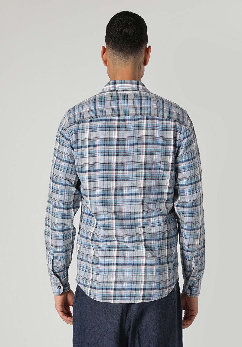 Slim Fit Shirt Neck Ekoseli Erkek Mavi Uzun Kol Gömlek