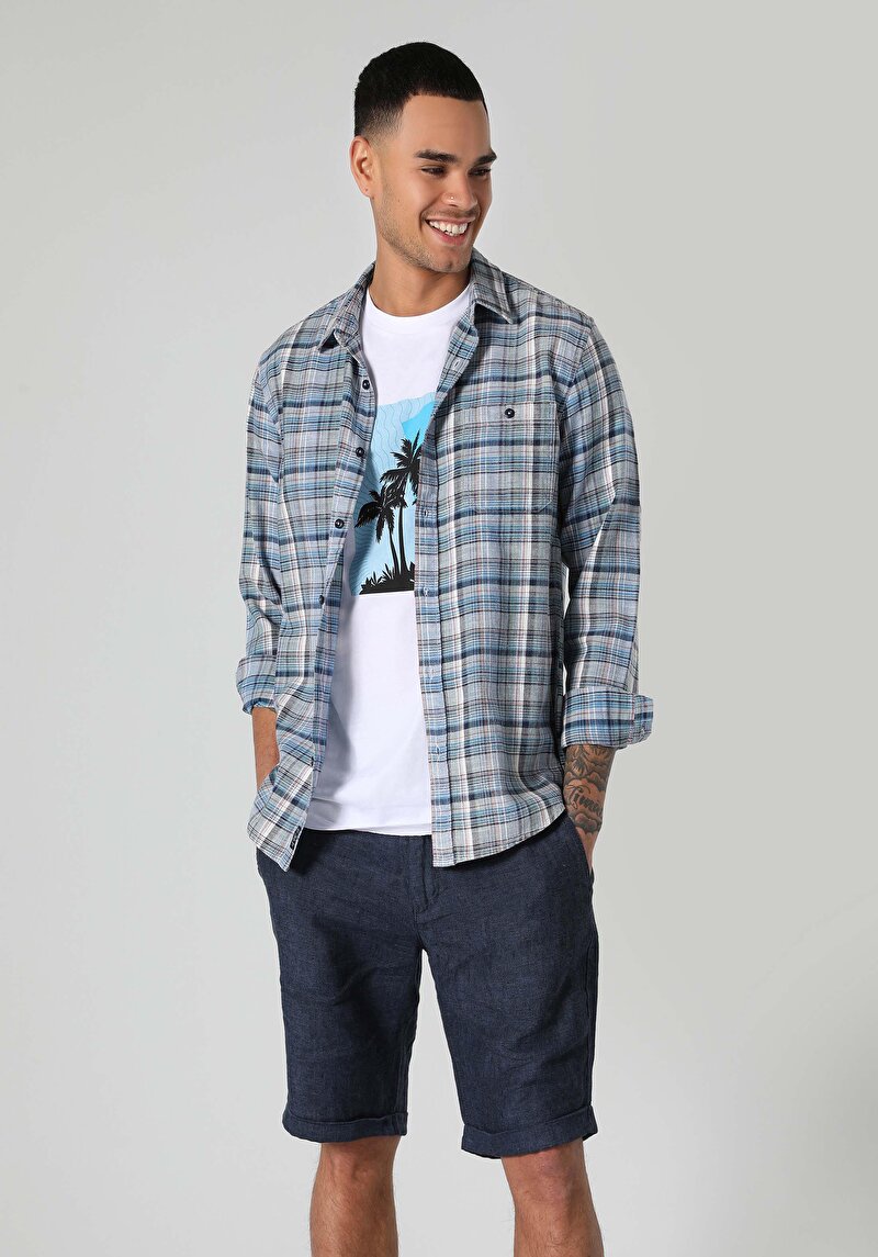 Slim Fit Shirt Neck Ekoseli Erkek Mavi Uzun Kol Gömlek