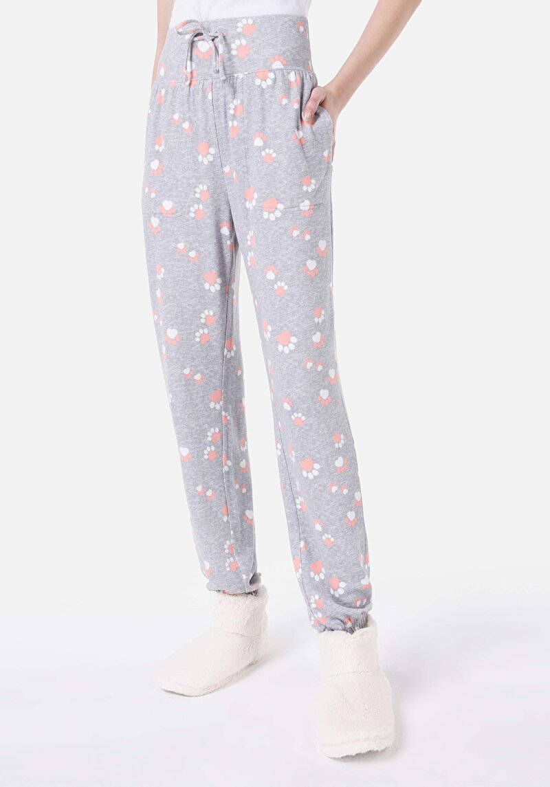 Regular Fit Orta Bel Baskılı Kadın Gri Eşofman Altı