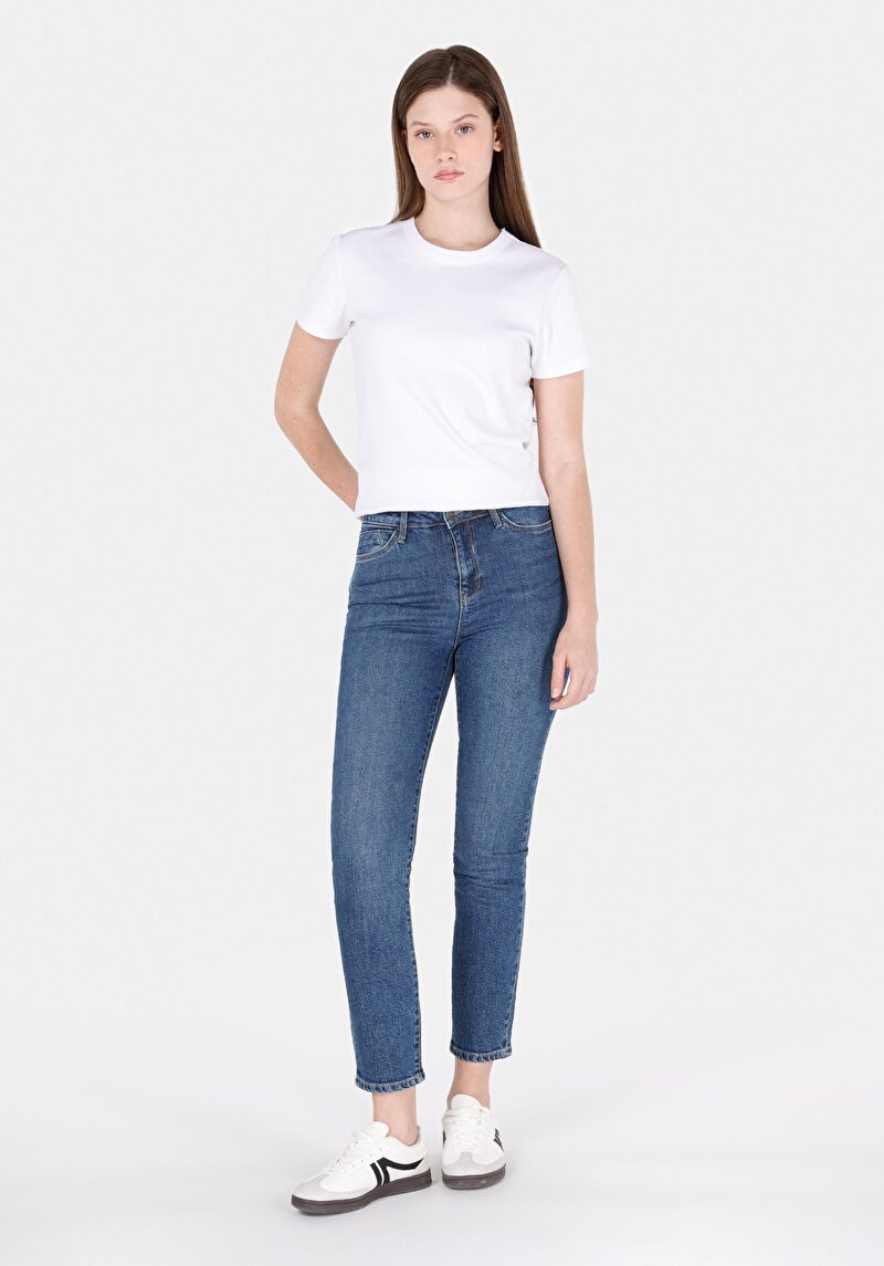 Slim Fit Orta Bel Düz Paça Kadın İndigo Jean Pantolon
