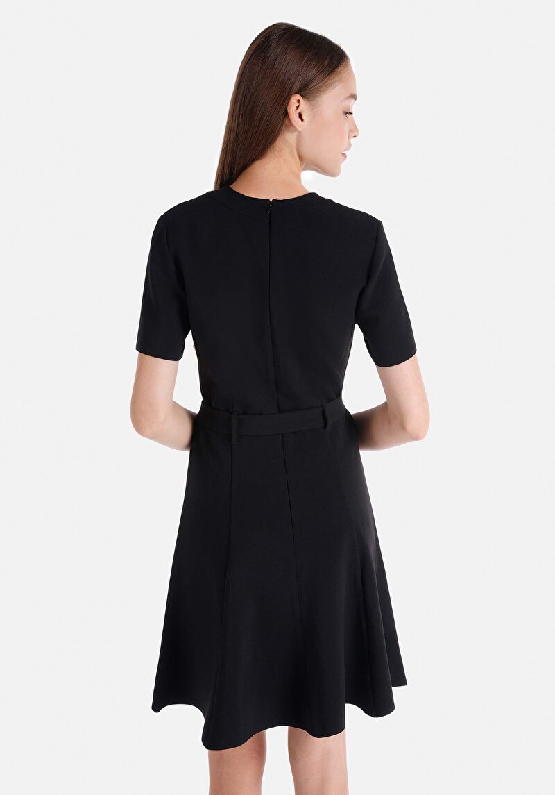 Slim Fit Dokuma Kadın Siyah Kısa Kol Elbise