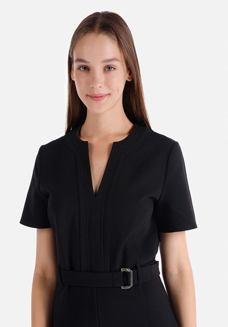 Slim Fit Dokuma Kadın Siyah Kısa Kol Elbise