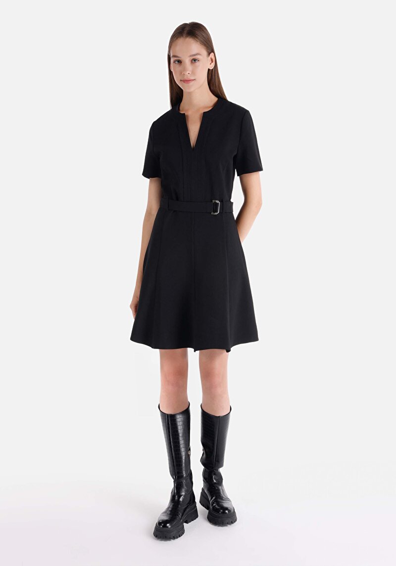 Slim Fit Dokuma Kadın Siyah Kısa Kol Elbise