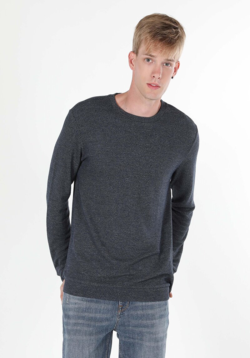 Regular Fit Yuvarlak Yaka Düz Erkek Mavi Uzun Kol Tişört