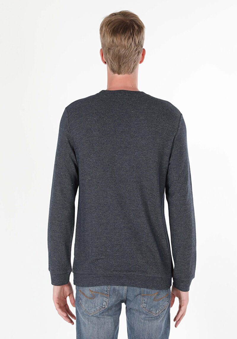 Regular Fit Yuvarlak Yaka Düz Erkek Mavi Uzun Kol Tişört