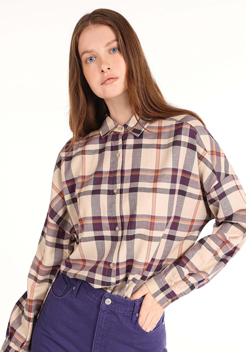 Relaxed Fit Shirt Neck Ekoseli Kadın Mor Uzun Kol Gömlek