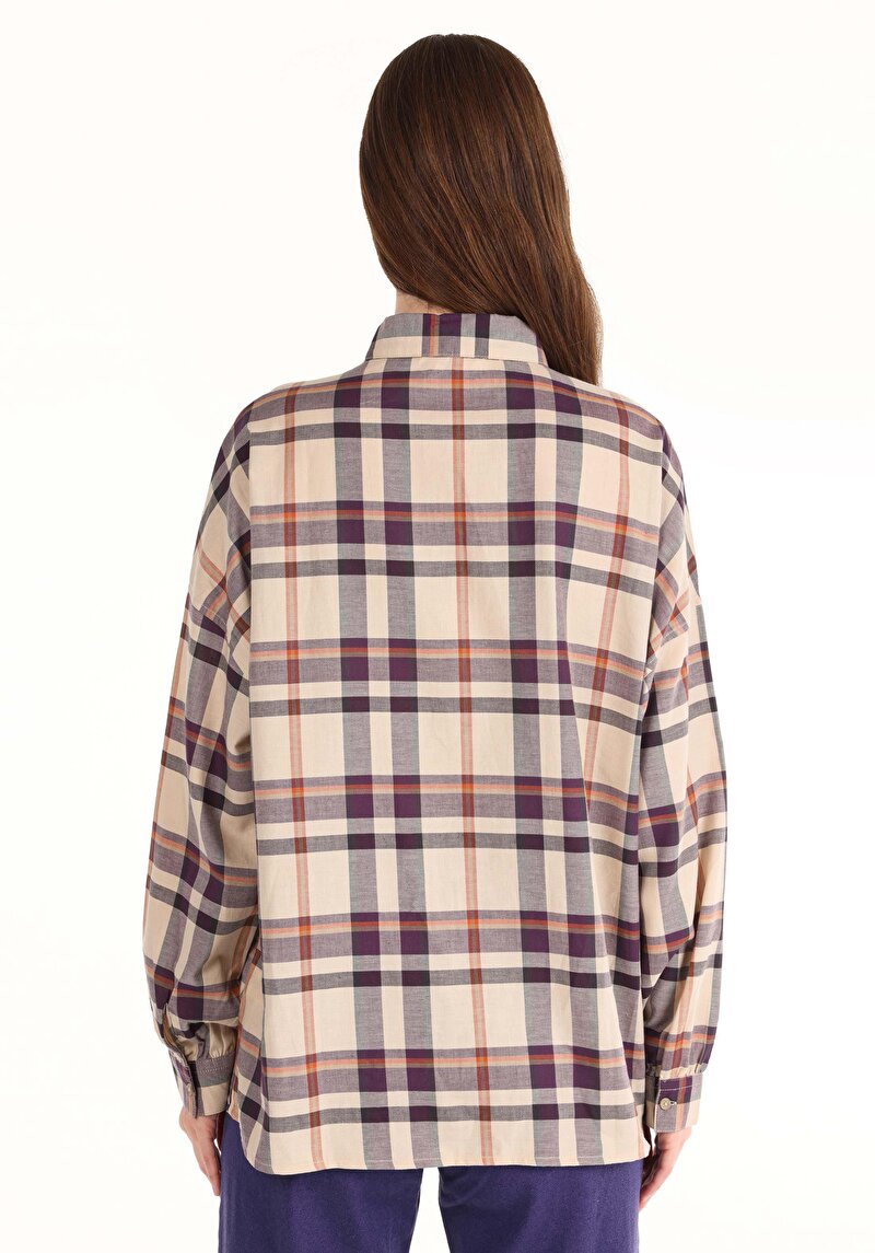 Relaxed Fit Shirt Neck Ekoseli Kadın Mor Uzun Kol Gömlek