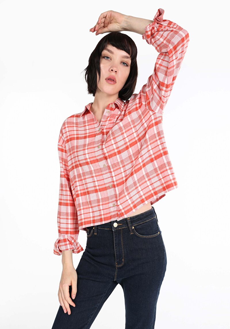 Regular Fit Shirt Neck Ekoseli Kadın Turuncu Uzun Kol Gömlek