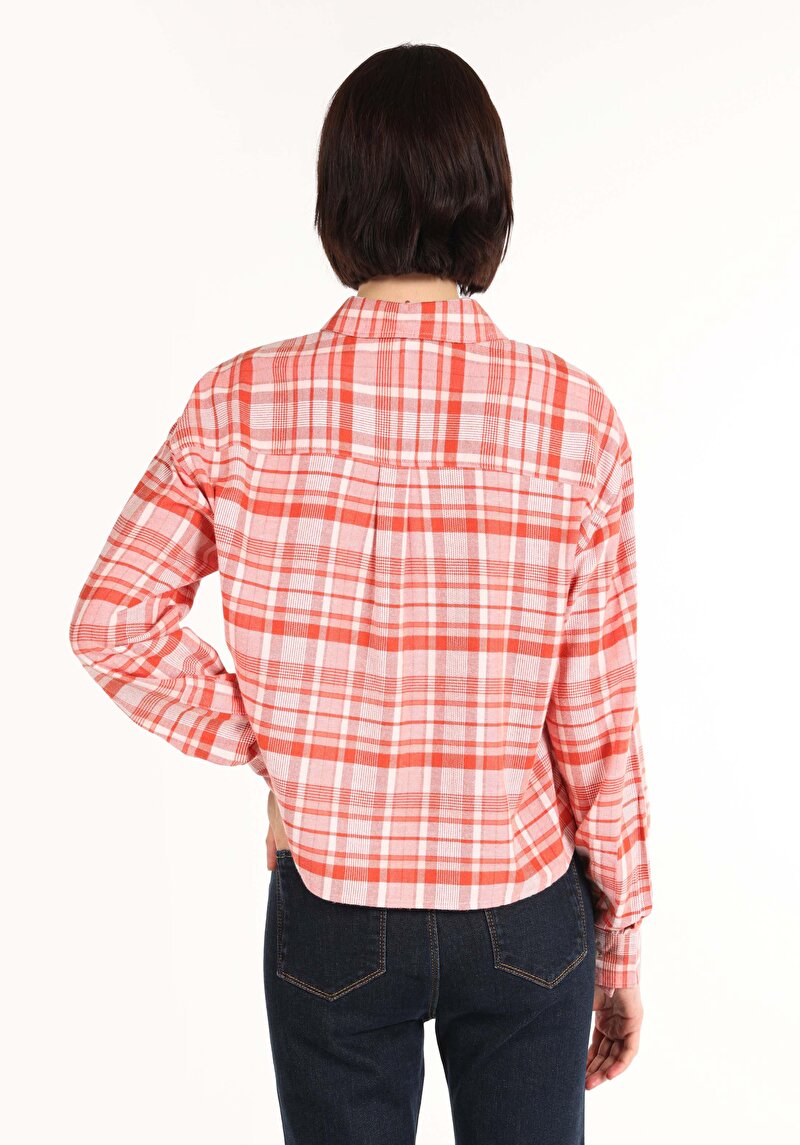 Regular Fit Shirt Neck Ekoseli Kadın Turuncu Uzun Kol Gömlek