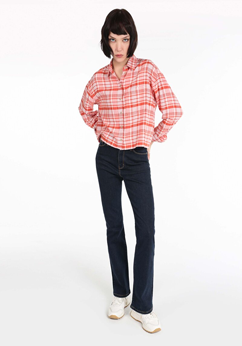 Regular Fit Shirt Neck Ekoseli Kadın Turuncu Uzun Kol Gömlek