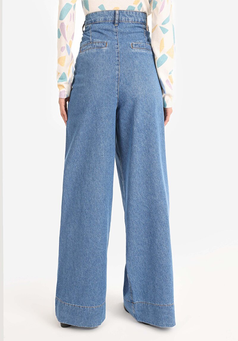 Regular Fit Yüksel Bel Geniş Paça Cepli Kadın İndigo Denim Jean Pantolon