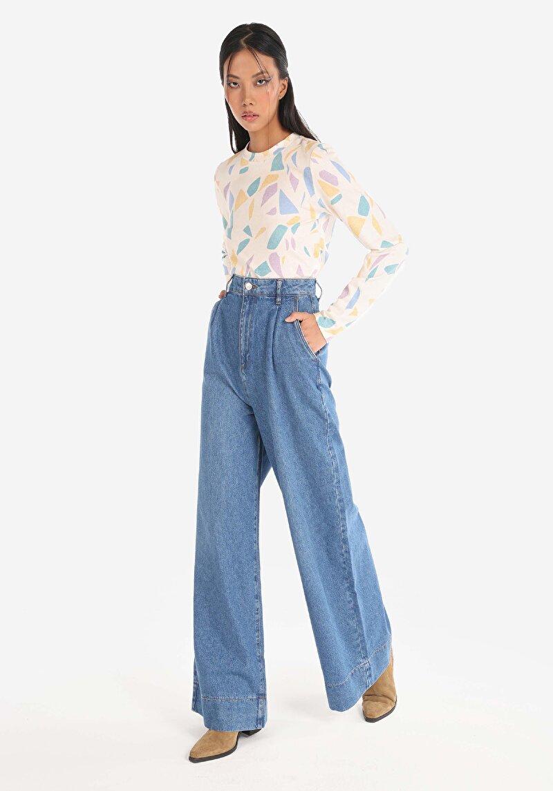 Regular Fit Yüksel Bel Geniş Paça Cepli Kadın İndigo Denim Jean Pantolon