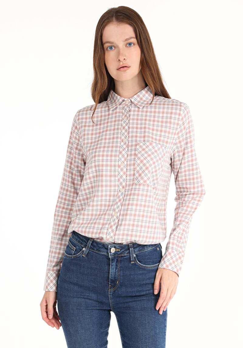 Regular Fit Shirt Neck Ekoseli Kadın Çok Renkli Uzun Kol Gömlek