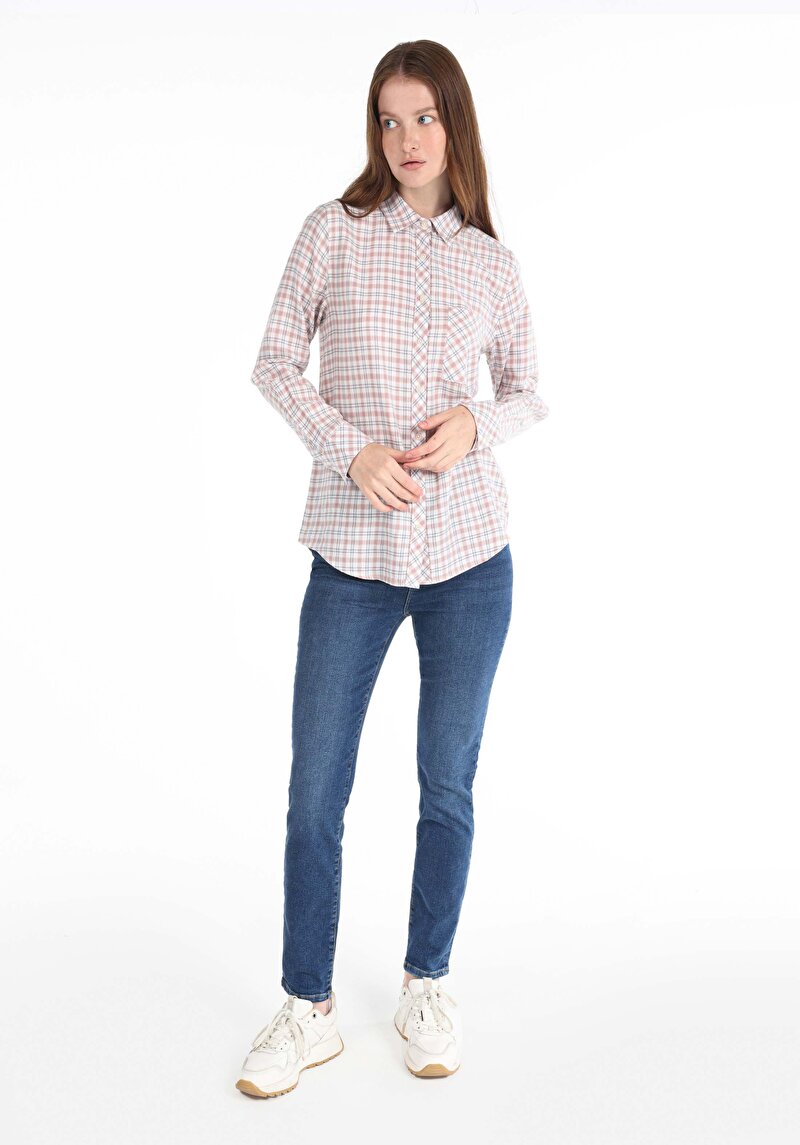 Regular Fit Shirt Neck Ekoseli Kadın Çok Renkli Uzun Kol Gömlek