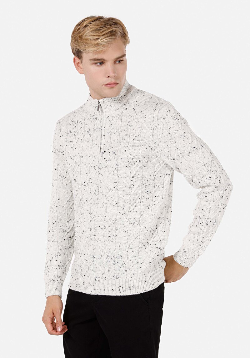 Slim Fit Dik Yaka  Erkek Ekru Kazak