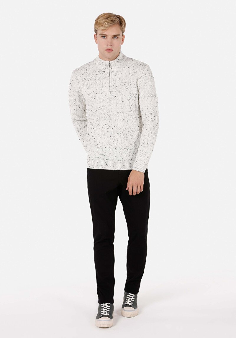 Slim Fit Dik Yaka  Erkek Ekru Kazak