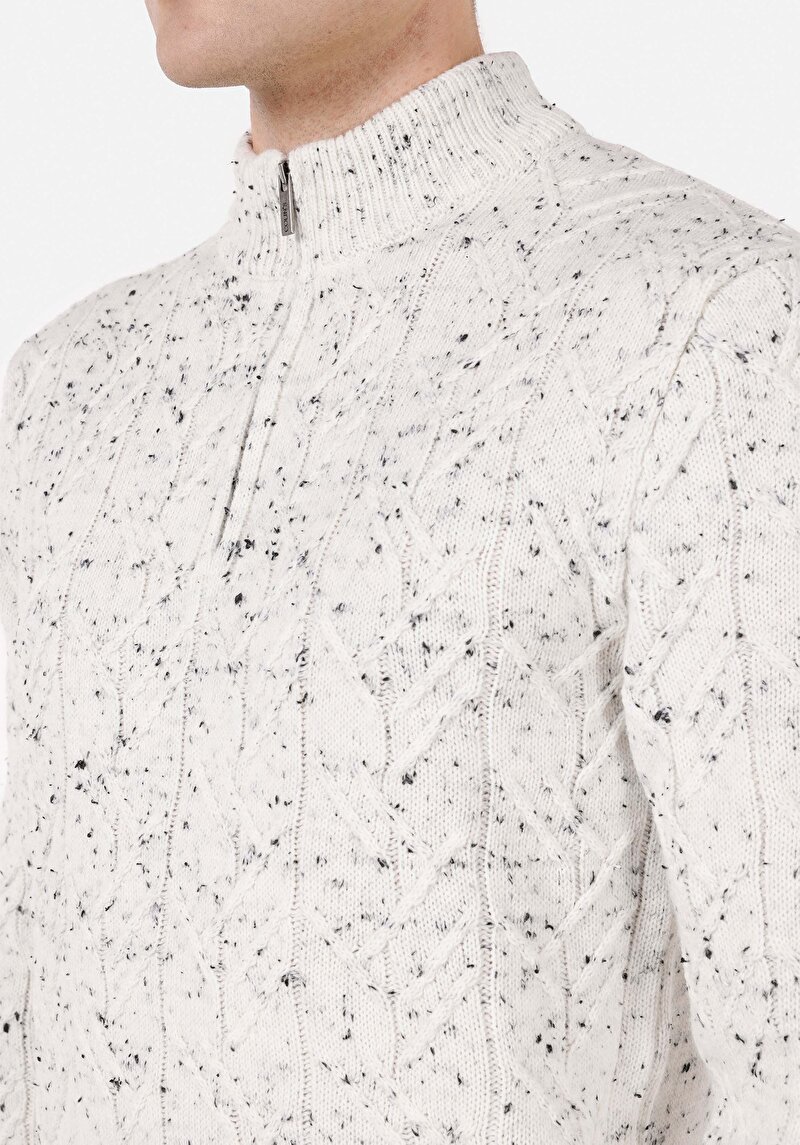 Slim Fit Dik Yaka Erkek Ekru Kazak