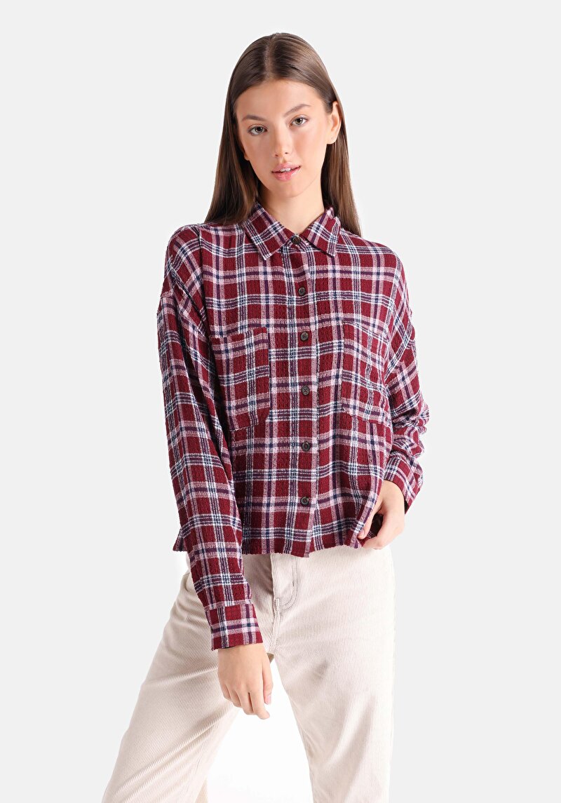 Regular Fit Shirt Neck Ekoseli Kadın Bordo Uzun Kol Gömlek