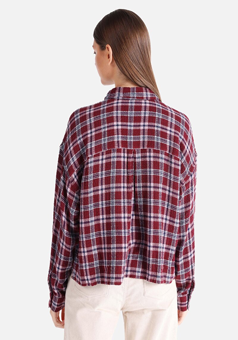 Regular Fit Shirt Neck Ekoseli Kadın Bordo Uzun Kol Gömlek