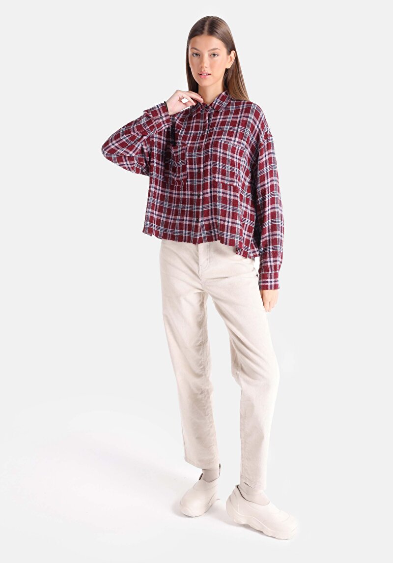 Regular Fit Shirt Neck Ekoseli Kadın Bordo Uzun Kol Gömlek
