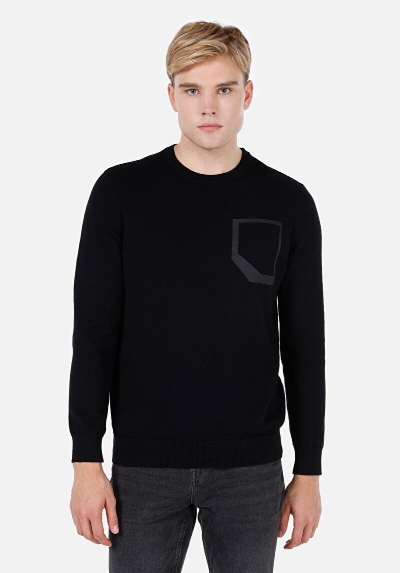 Regular Fit Yuvarlak Yaka Jakarlı Erkek Siyah Kazak