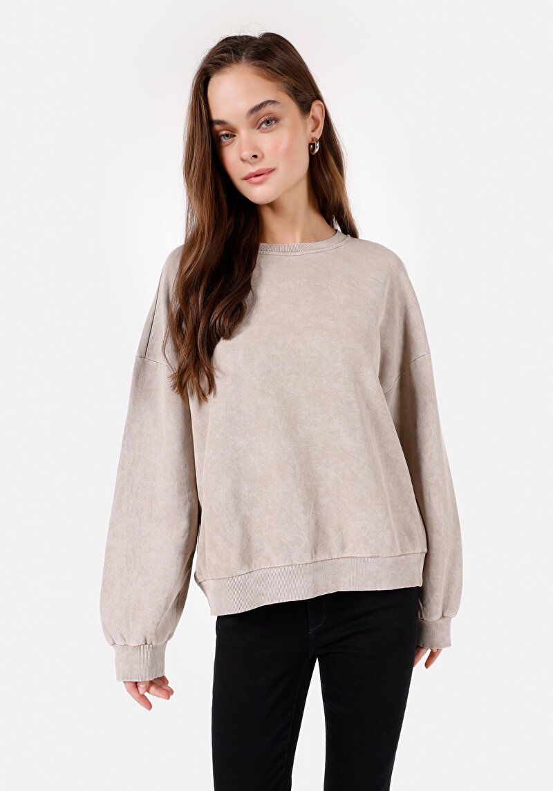 Comfort Fit Yuvarlak Yaka  Kadın Bej Sweatshirt