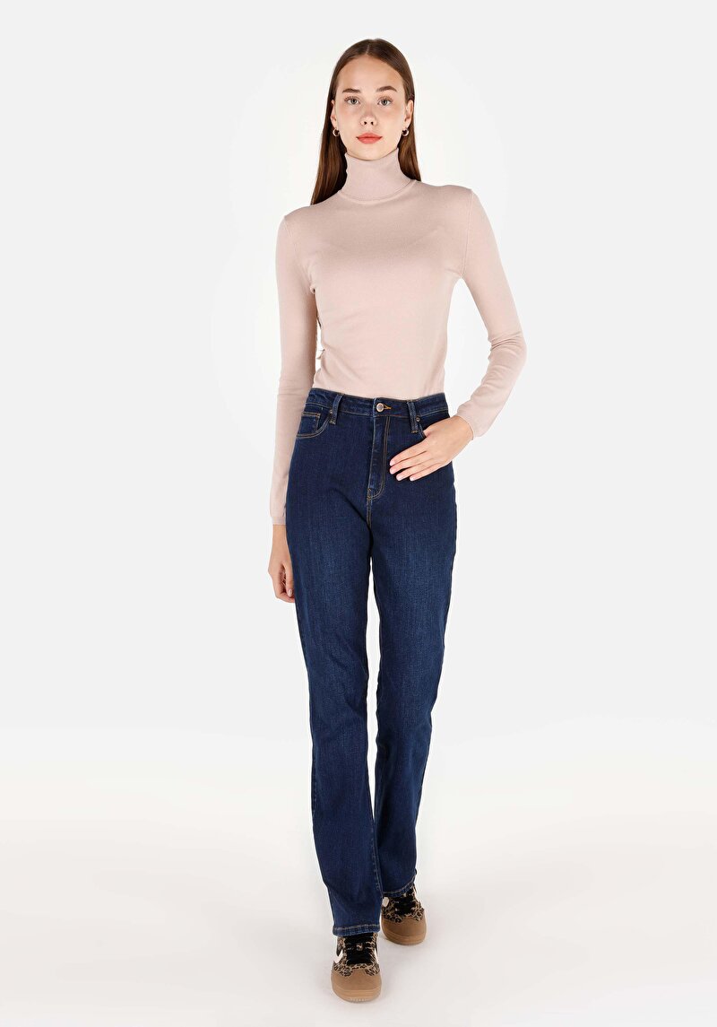 Slim Fit Balıkçı Yaka Kadın Bej Kazak